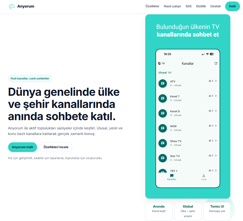 Anyorum mobil uygulaması — ülke ve şehir kanallarında anlık sohbet